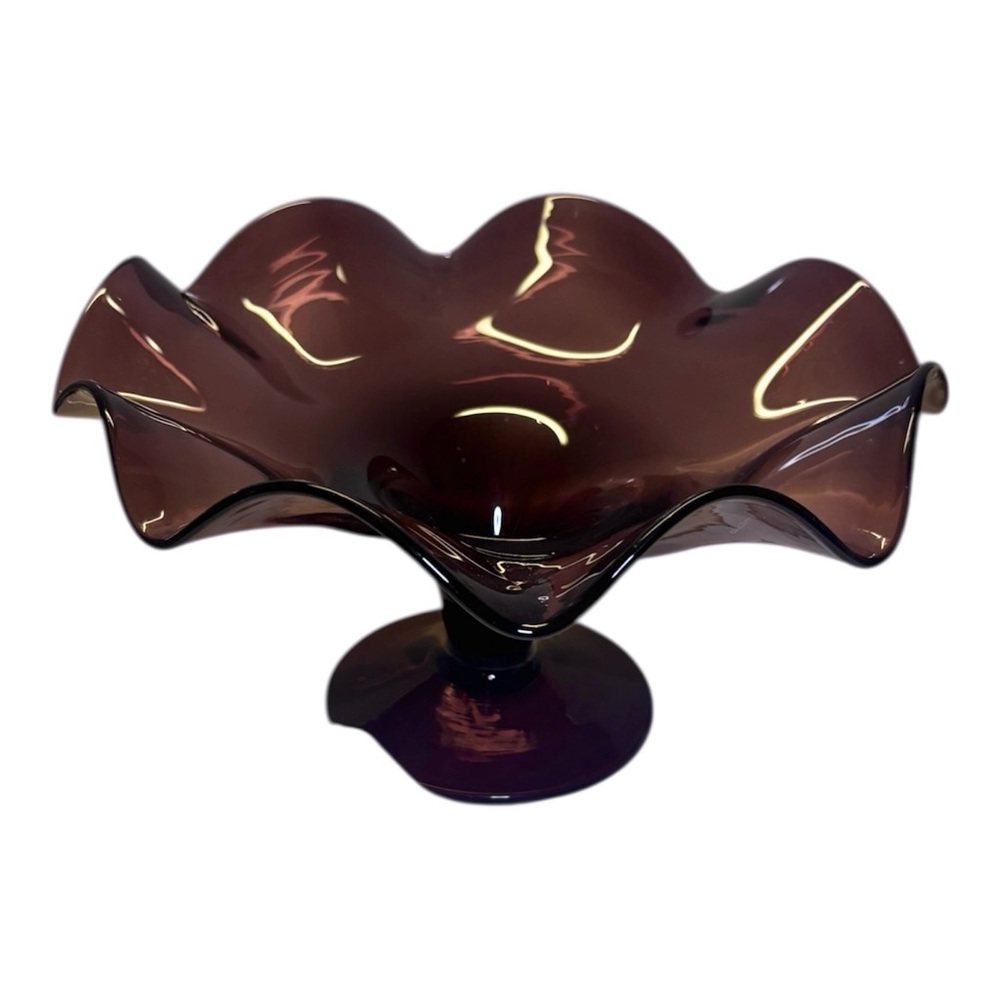 Elegant Purple Amethyst Glass Art Pedestal Bowl 10” across